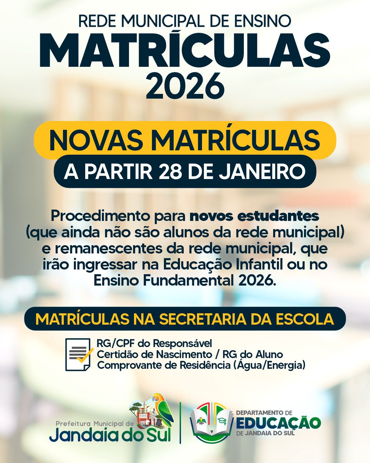 Atenção pais e responsáveis: Rede Municipal abre matrículas para o ano letivo de 2026 em Jandaia do Sul