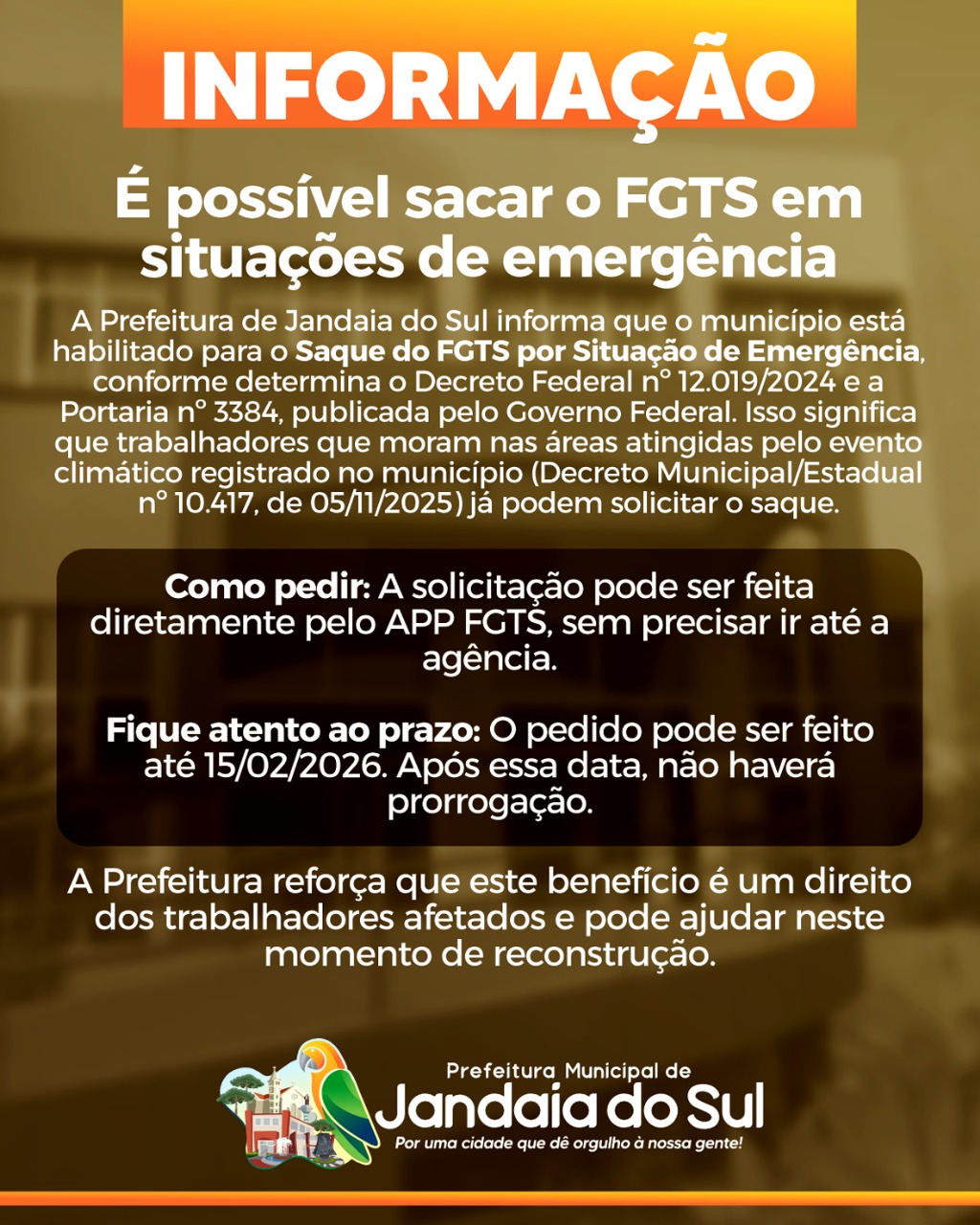 FGTS por Situação de Emergência é liberado para moradores de áreas atingidas em Jandaia do Sul