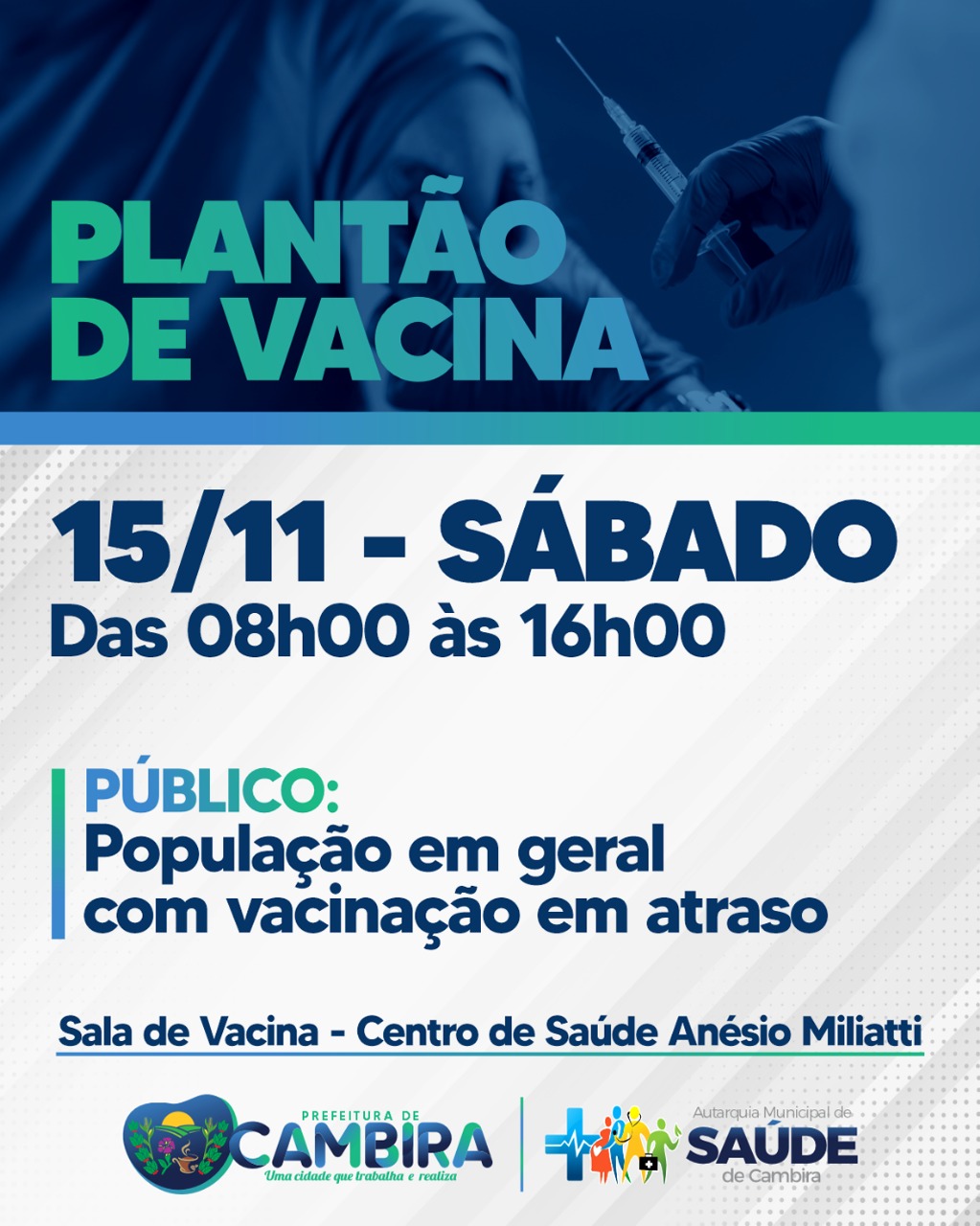 Cambira realiza plantão de vacinação neste sábado para atualizar carteiras em atraso