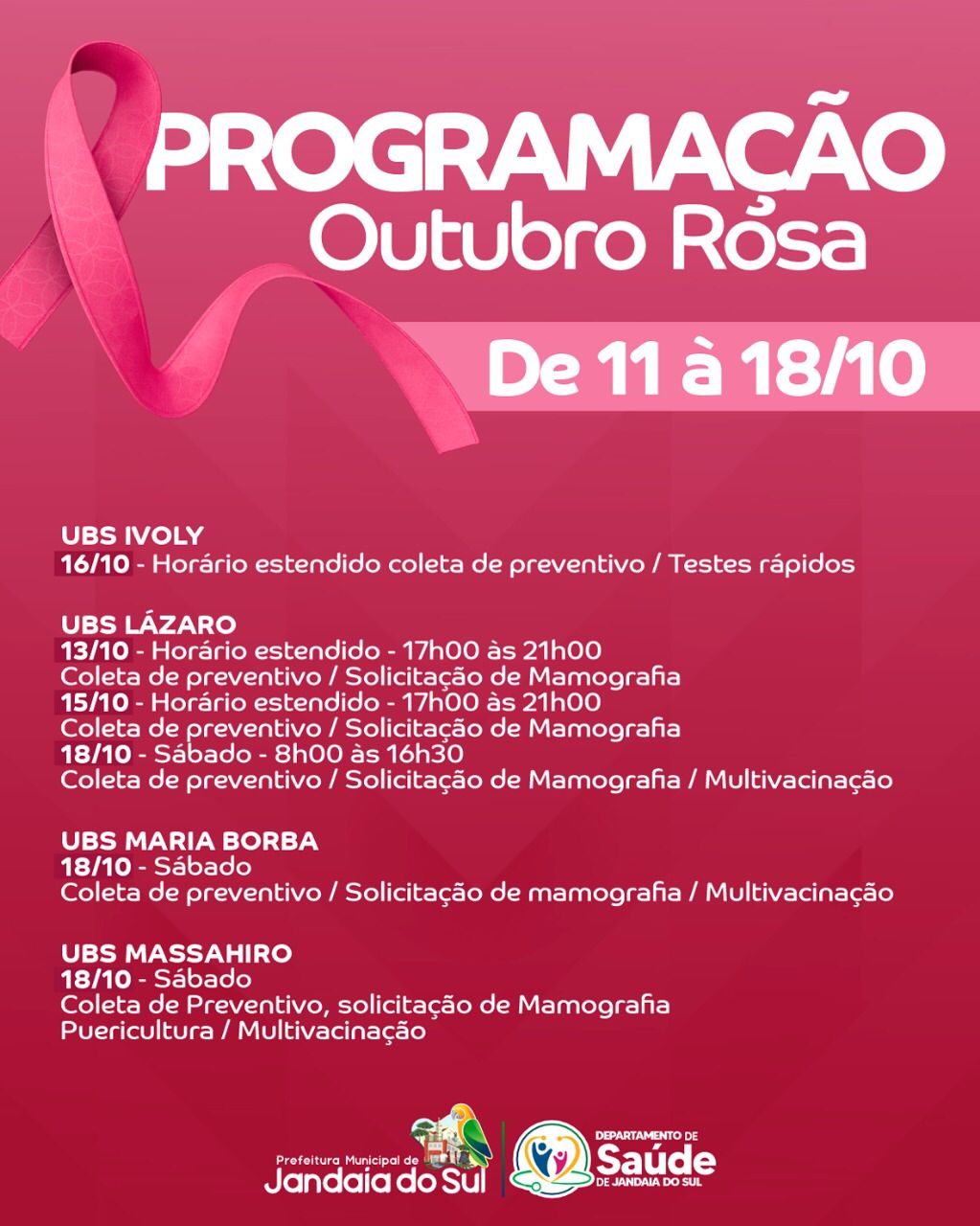 UBSs de Jandaia do Sul promovem ações do Outubro Rosa com atendimento em horários estendidos