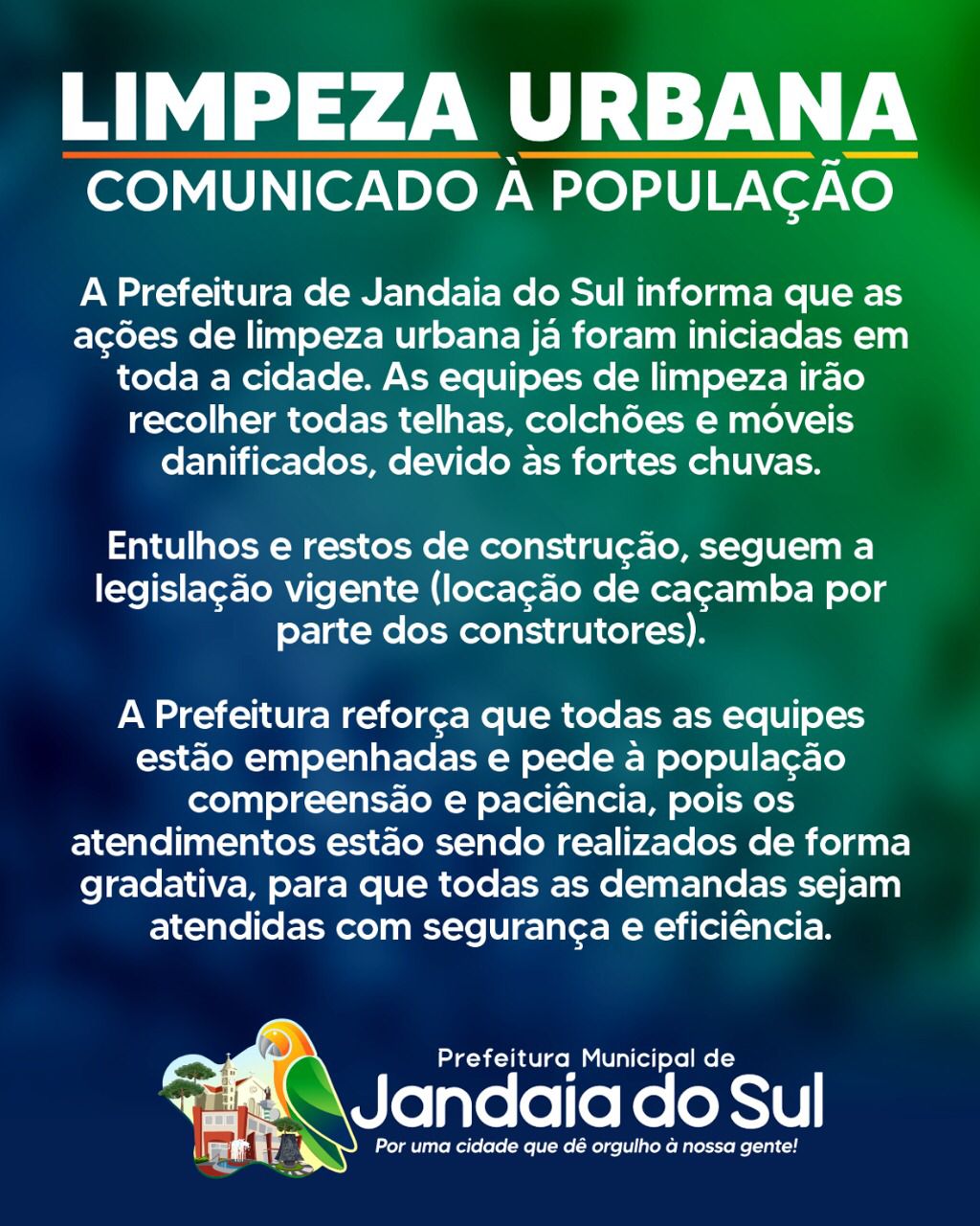 Limpeza Urbana – Comunicado à População