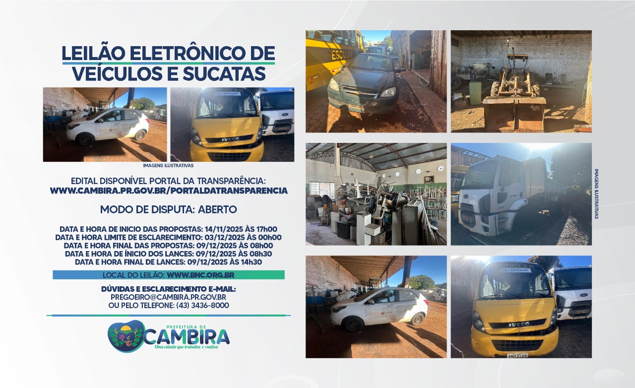 Prefeitura de Cambira anuncia Leilão de Veículos e Sucatas