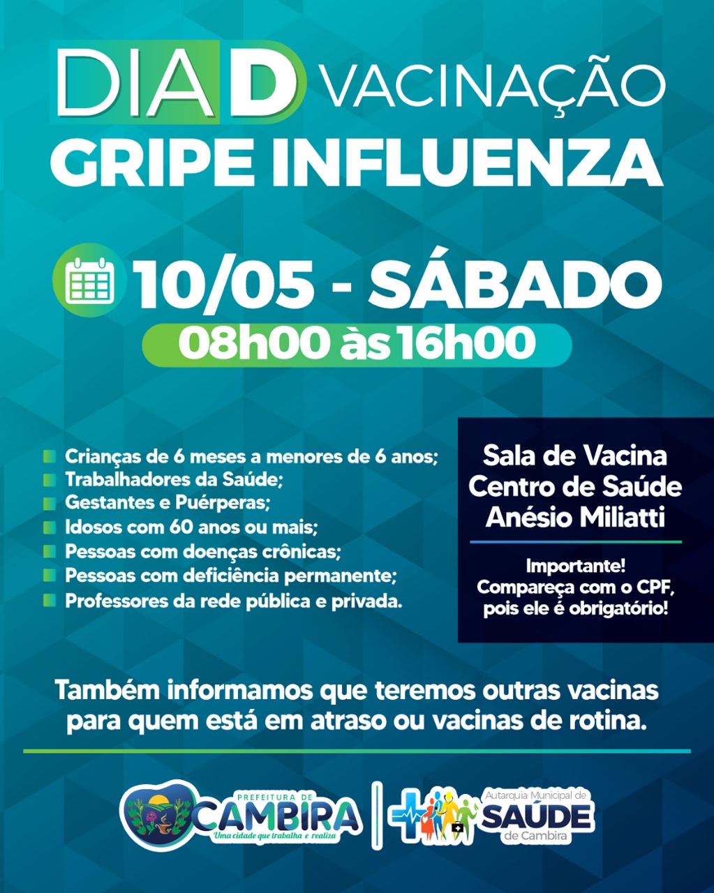 Cambira realiza Dia D de Vacinação contra a Gripe neste sábado, 10 de maio