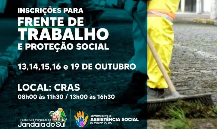 Jandaia do Sul abre inscrições para Frente de Trabalho entre os dias 13 e 19 de outubro